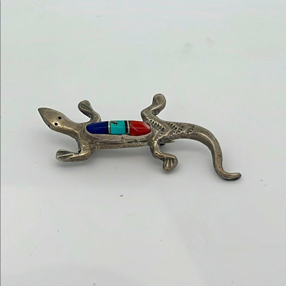 Silver Lizard Brooch with Red Coral, Blue Lapis & Turquoise Inlays